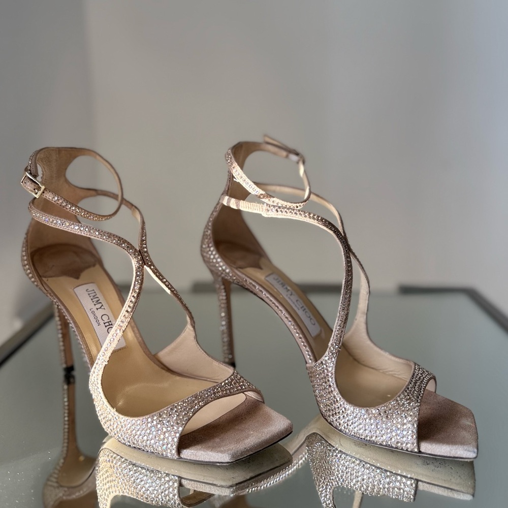 Like new JIMMY CHOO Azia 95 Honey Gold Suede Sandals with Crystals 37.5 $2,495 - Picture 9 of 17